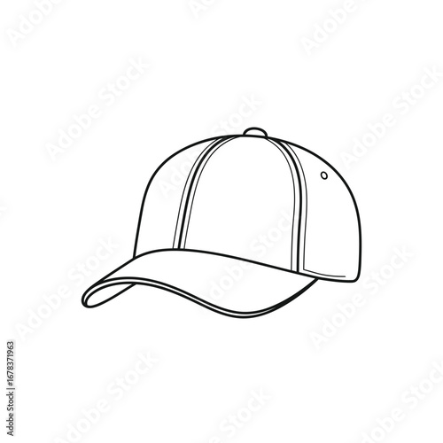 Simple black and white line art drawing of a classic baseball cap with a curved brim.