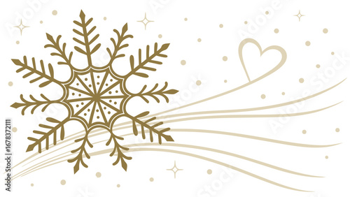 Elegant gold snowflake design with flowing lines and a heart shape on a white background