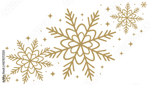 Elegant gold snowflake decorations with sparkling stars on a clean white background