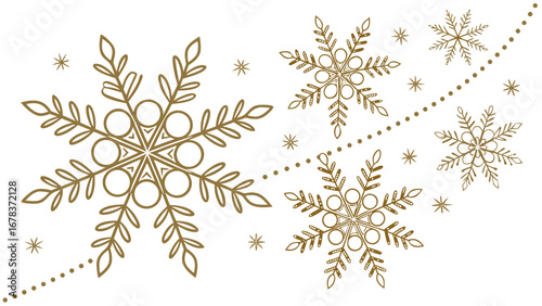 Elegant gold snowflake design with delicate branches and circles on a clean white background