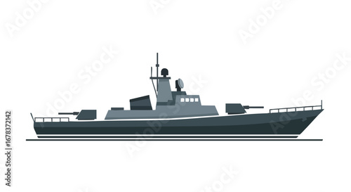 Stylized vector illustration presenting a modern navy warship on a clean white backdrop for commercial stock illustration use