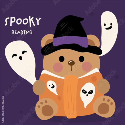 halloween bear read book kawaii animal wear witch hat costume festival card