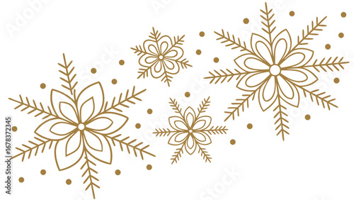 Elegant gold snowflake designs with scattered dots on a clean white background for winter holidays