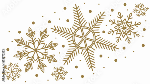 Elegant gold snowflake pattern with scattered dots on a clean white background for winter holidays