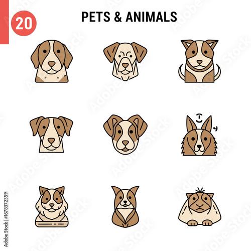 Charming dog icons showcase diverse breeds, perfect for pet lovers and branding projects