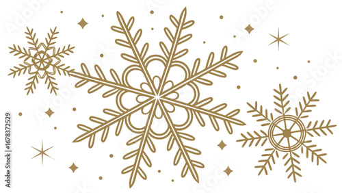 Elegant gold snowflakes and stars on a clean white background for winter celebrations