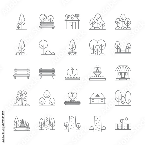 A collection of minimalist line art icons depicting various park, garden, and outdoor recreation elements like trees, benches, and fountains.