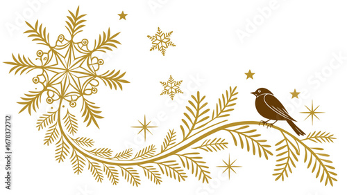 Elegant golden snowflake and robin on branch with stars and snowflakes on white background