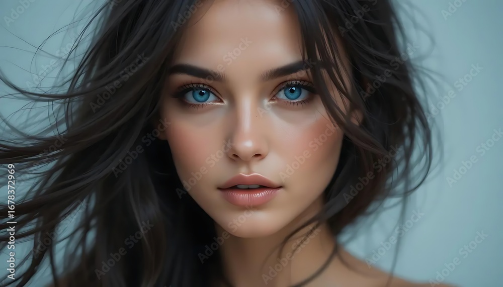 Portrait of a beautiful woman with striking blue eyes and flowing dark hair style Portrait of a beautiful woman with striking blue eyes and flowing dark hair style