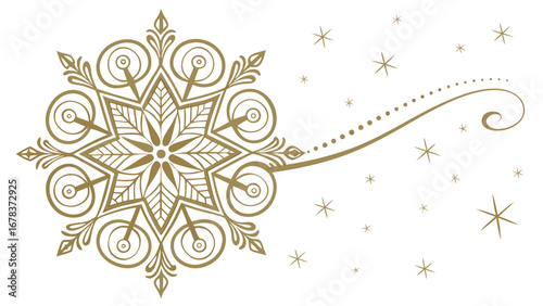 Elegant golden snowflake design with swirling decorative elements and scattered stars on a white background