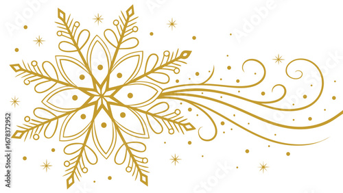 Elegant golden snowflake design with swirling decorative elements and scattered dots on a white background