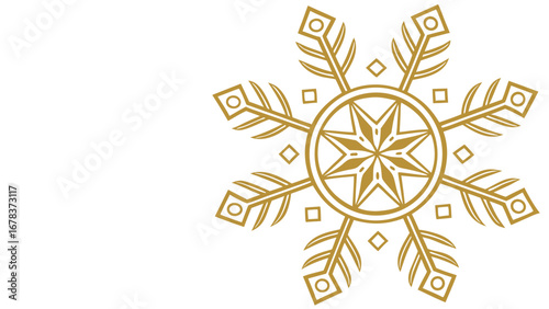 Elegant golden snowflake ornament with geometric details on a clean white background