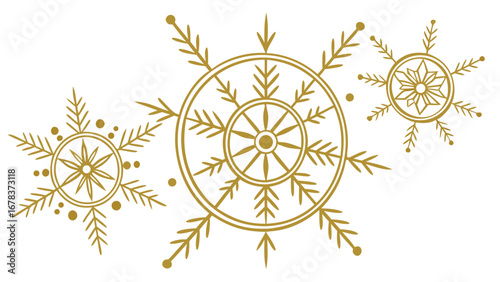 Elegant golden snowflake designs on a white background for winter holiday celebrations