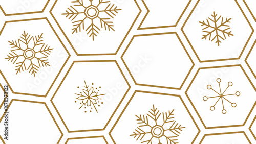 Elegant golden snowflakes adorning a honeycomb pattern on a clean white background
