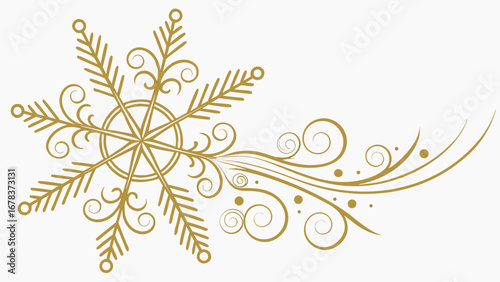 Elegant golden snowflake with swirling decorative elements and dots on a white background