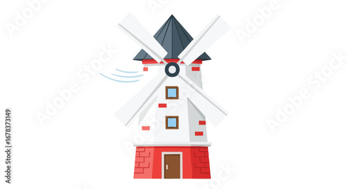 Charming traditional windmill illustration with rotating blades against clean white backdrop bringing a touch of rustic charm and renewable energy