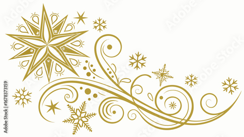 Elegant golden star and snowflake flourish with swirls and dots on white background