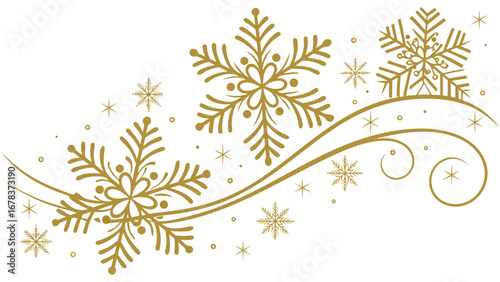 Elegant golden snowflakes and swirling lines create a festive winter holiday design on a white background
