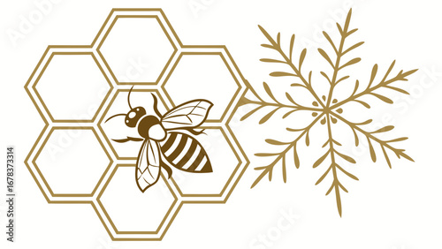 Stylized golden bee on honeycomb next to delicate botanical sprig on white background