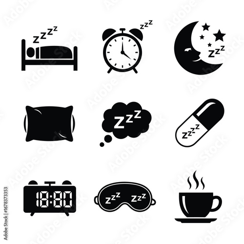 A collection of nine black and white icons representing sleep and related concepts, including a bed, alarm clock, moon, pillow, sleeping pill, eye mask, and a cup of coffee.