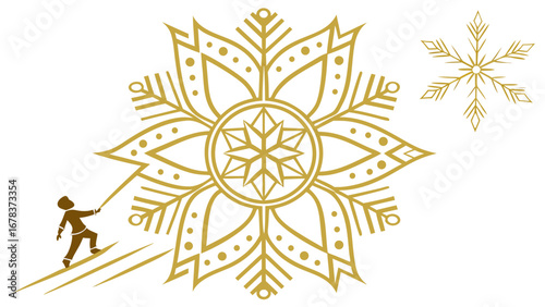Stylized golden snowflake design with a skier on a white background festive winter theme