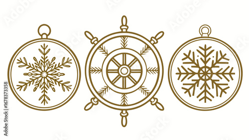 Three decorative winter holiday ornaments featuring snowflakes and a ship s wheel in a simple line art style