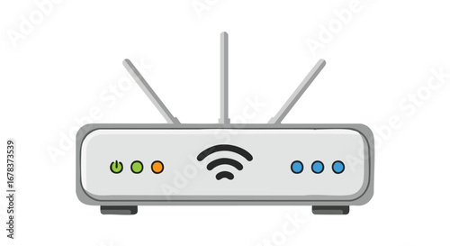 Simple illustration depicting a wireless router with three antennas indicating network connectivity functionality device for home office 60 characters