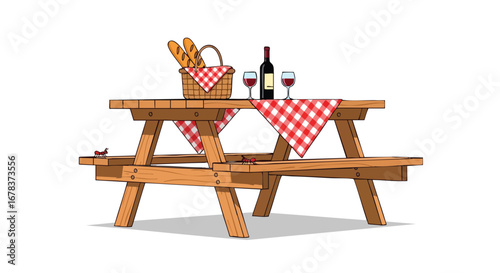 Illustrative picnic arrangement featuring wine, bread, and checkered tablecloth on wooden table creates festive vibe