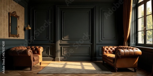 Elegant Dark Wood Paneled Room with Two Brown Leather Chesterfields and Sunlight Streaming Through Window
