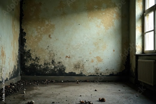 A neglected room reveals decaying walls, stained with time and neglect, a floor littered with debris, and a lone window offering a glimpse of faded light