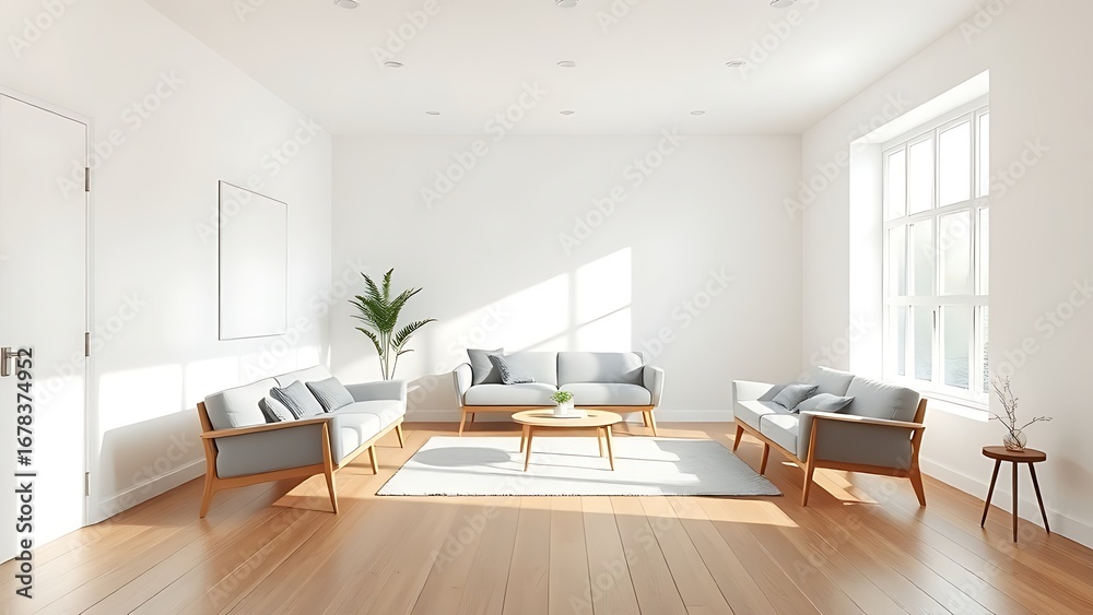 Fototapeta premium Minimalist living room with mid-century modern furniture, white walls, and wood flooring in natural light.