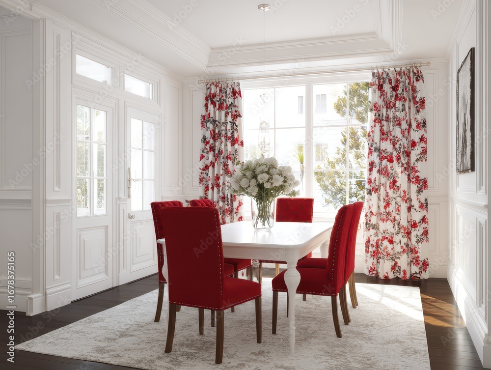 Fototapeta premium A white dining room with red floral patterned curtains and chairs, showcasing a bright and elegant interior design.