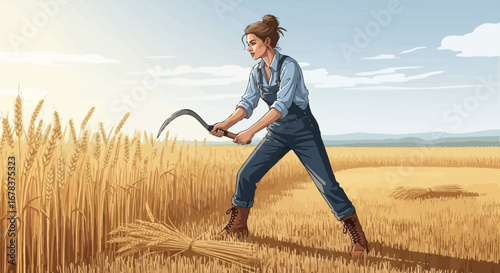 Vintage illustration of a woman harvesting wheat with a sickle in a field