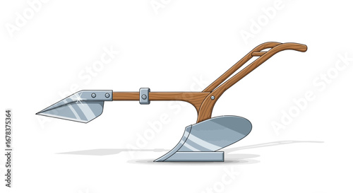 Vintage wooden and metal plough isolated against a clean white backdrop