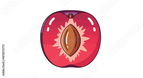 Vibrant plum slice revealing a smooth pit with shining reflections and a whimsical design showcasing delicious stone fruit perfection