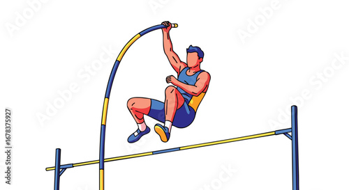 Dynamic pole vault illustration showcasing athlete's athleticism and strength in mid-air during competitive sports event