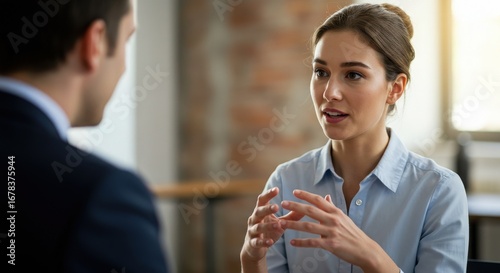 Young woman in a light blue shirt is having a conversation with a man