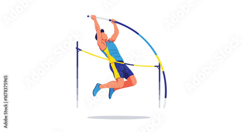 Athlete's leap: Vector illustration of a pole vaulter in mid-air, soaring above the bar during a competition, showcasing the dynamic movement and
