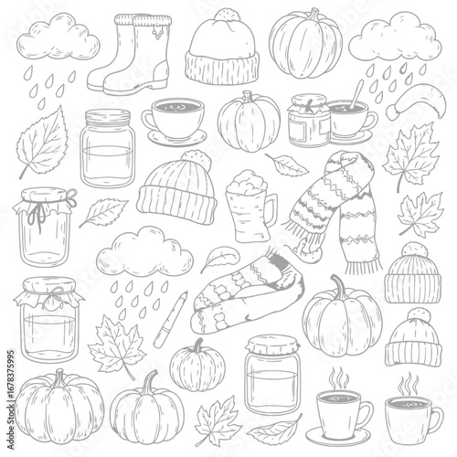 Autumnal themed collection of hand-drawn illustrations, featuring pumpkins, hats, scarves, rain, leaves, and other fall-related elements.