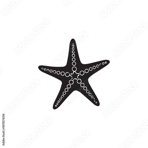Stylized black starfish illustration featuring intricate white circular patterns against a clean white backdrop.