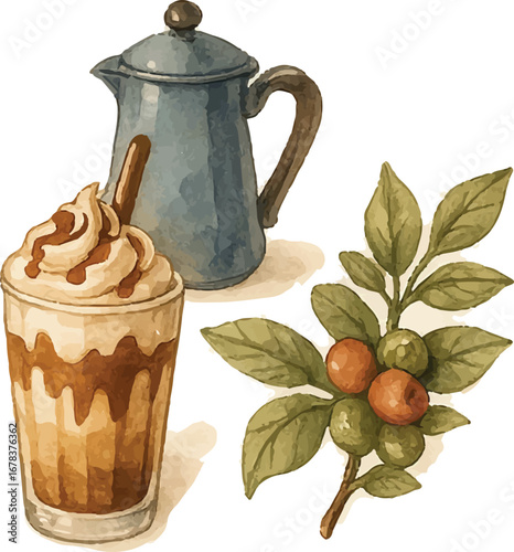 Vintage Coffee Pot with Cream Watercolor