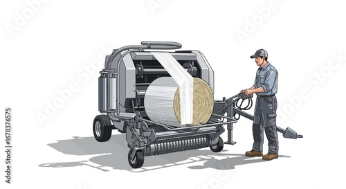 Agricultural worker operating modern hay baler machinery in rural landscape