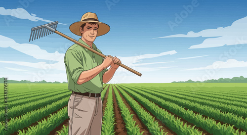 An illustration of a smiling farmer with a rake in a flourishing crop field