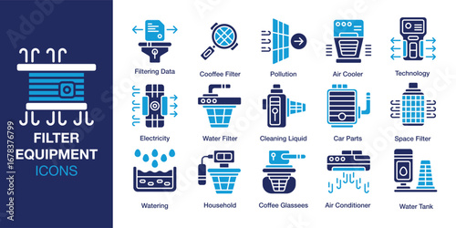 Filter Equipment icon set. Containing equipment, filter, service, technology, clean, and more. Solid vector icons collection. Vector illustration.