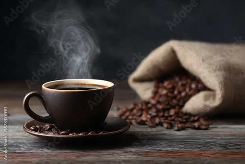 Steaming hot coffee with scattered beans on a rustic wooden table.