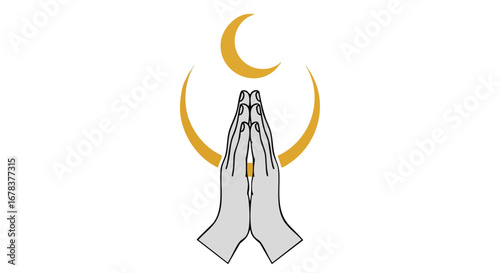 Hands in prayer position, crescent moon above, invoking spirituality and serenity illustration concept minimal design for greeting cards and posters