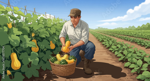 Cartoon style illustration of farmer harvesting produce at the farm field