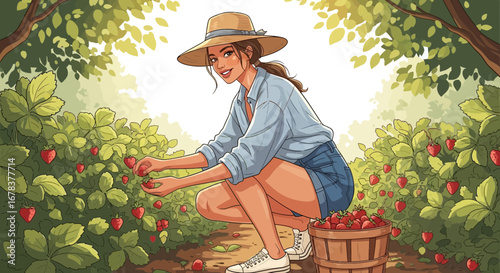 Cartoon Woman Harvesting Fresh Strawberries in Verdant Berry Patch