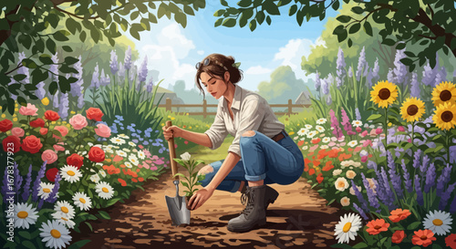 Charming woman tending flourishing flower garden on sunny afternoon