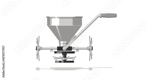 Conceptual fertilizer spreader illustration with push handle and spinners